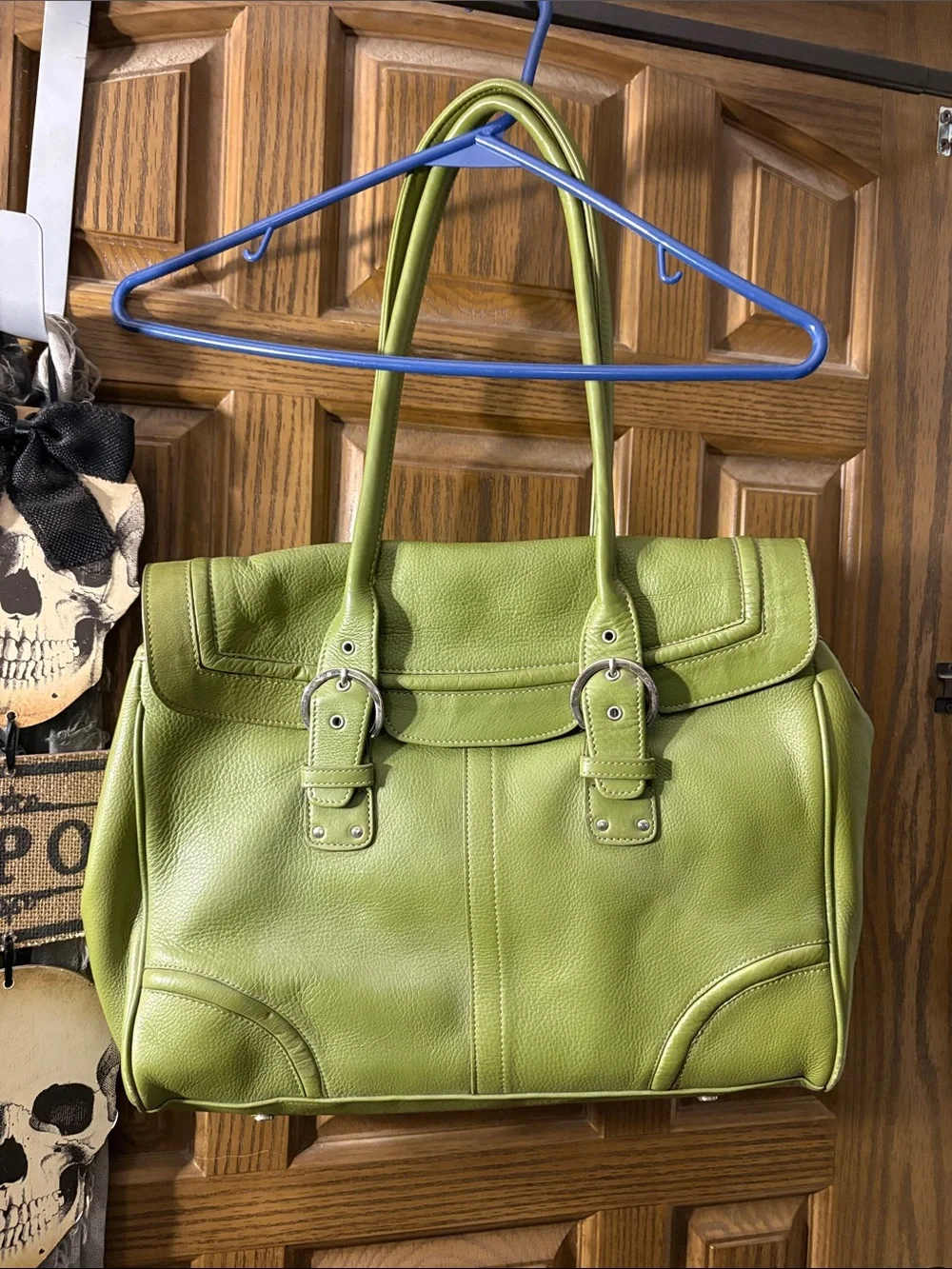 Olive Green Pebbled Leather Tote with Buckle Straps